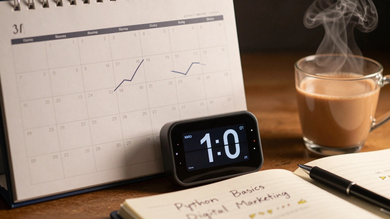 Study desk with calendar streaks, Pomodoro timer, and chai