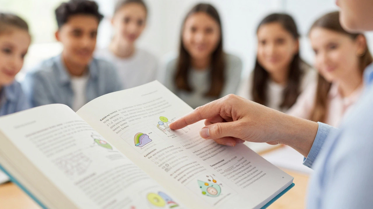 Teacher explaining biology concepts to small group of students