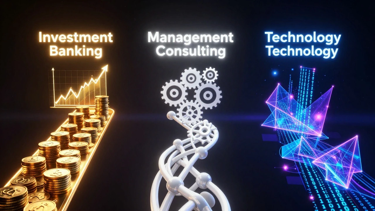 Abstract illustration of three career paths: finance, consulting, and technology