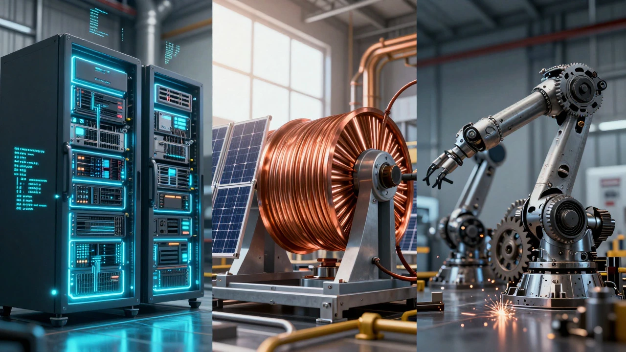 Conceptual split view of server racks, solar panels, and gears