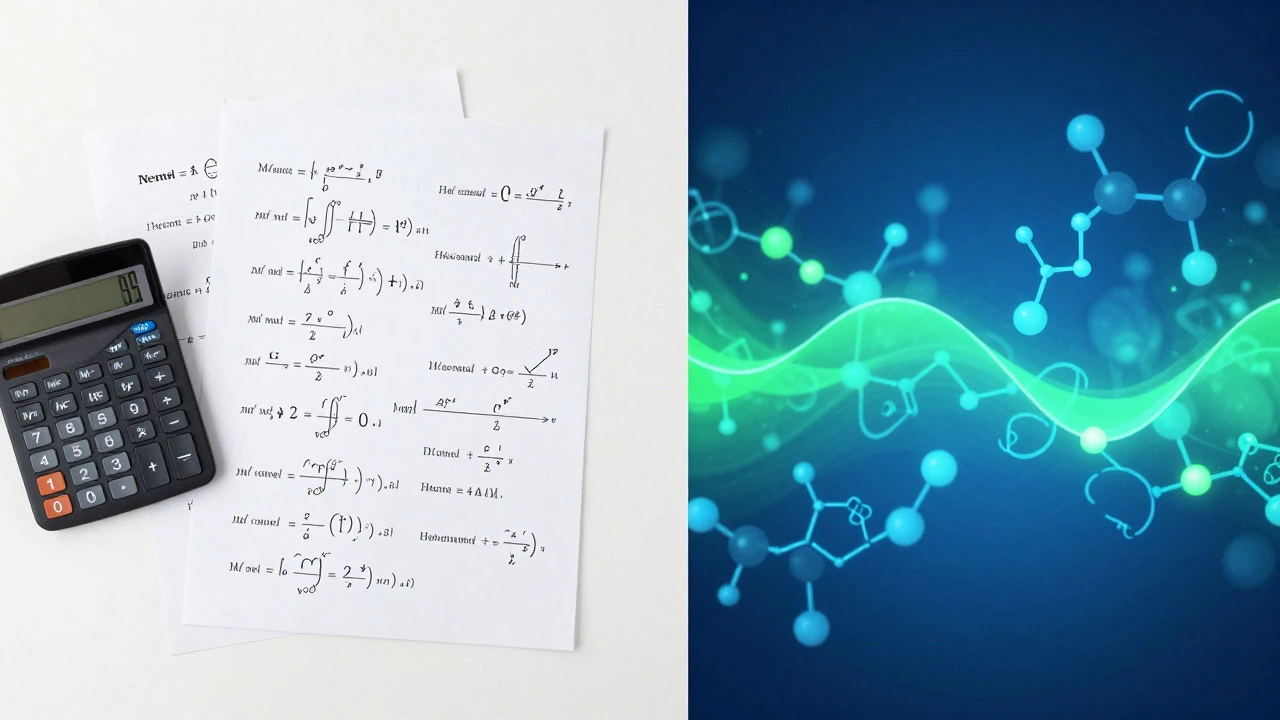 Desk with physical chemistry equations and abstract molecular energy visualization