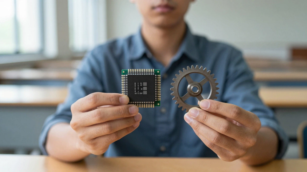 Hands holding a microchip and gear mechanism in a lecture hall