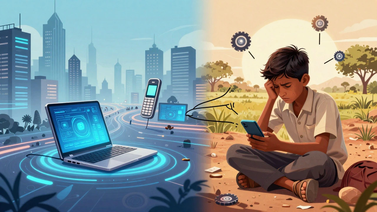Illustration contrasting urban tech access with rural digital barriers in India