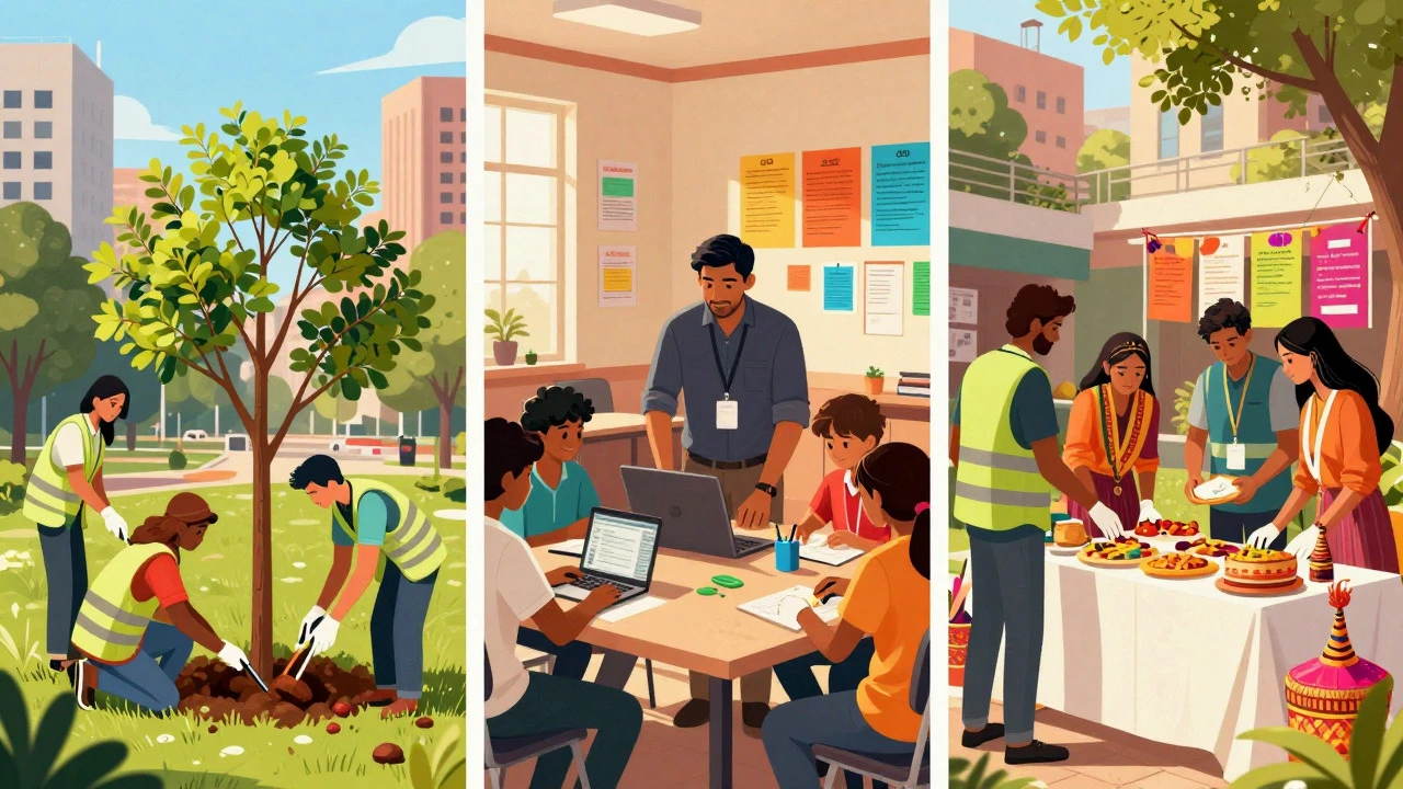 Indian volunteers planting trees, mentoring youth, and organizing festivals