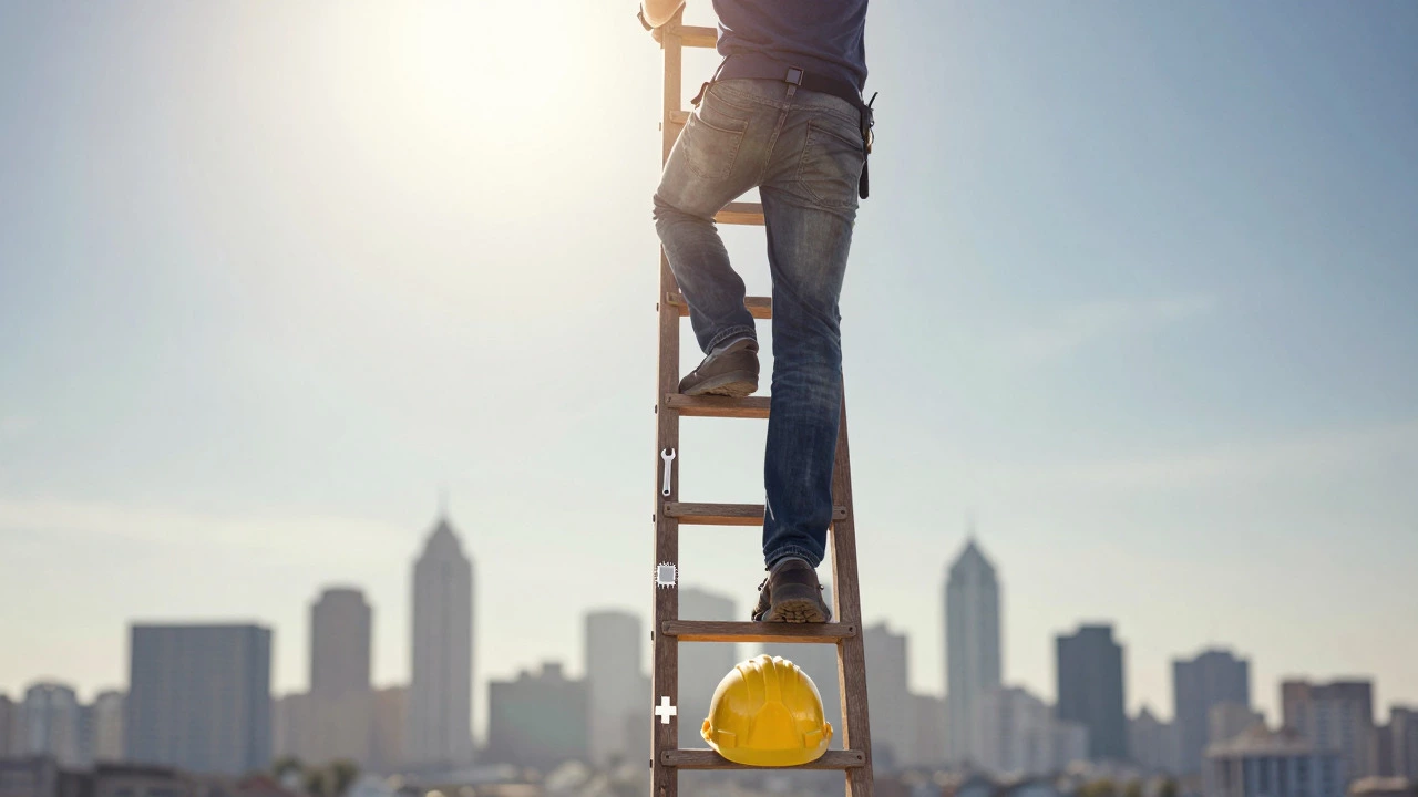Person climbing a ladder with trade symbols towards a bright sky