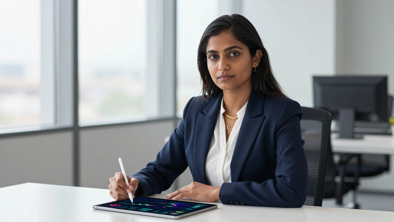 Professional woman reviewing strategic data on a tablet in a bright office