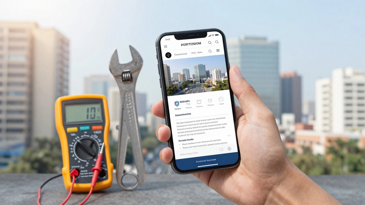 Smartphone showing portfolio next to trade tools against city backdrop