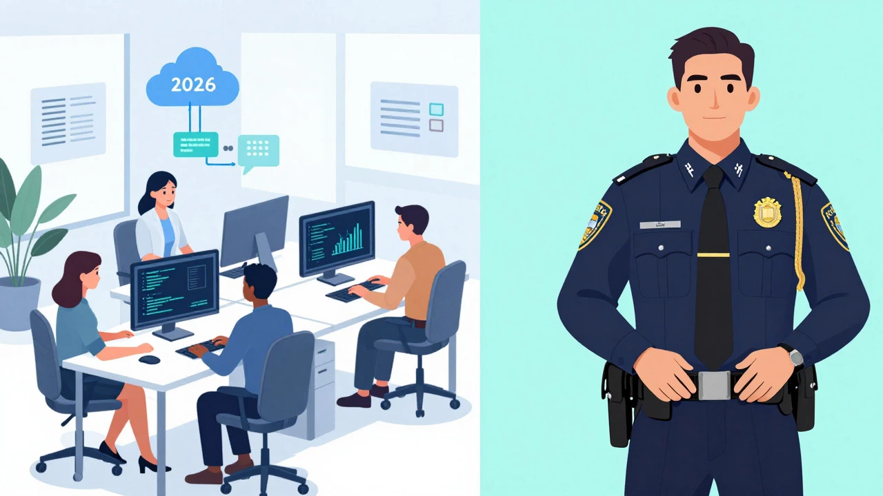 Split view comparing tech office work and government service careers
