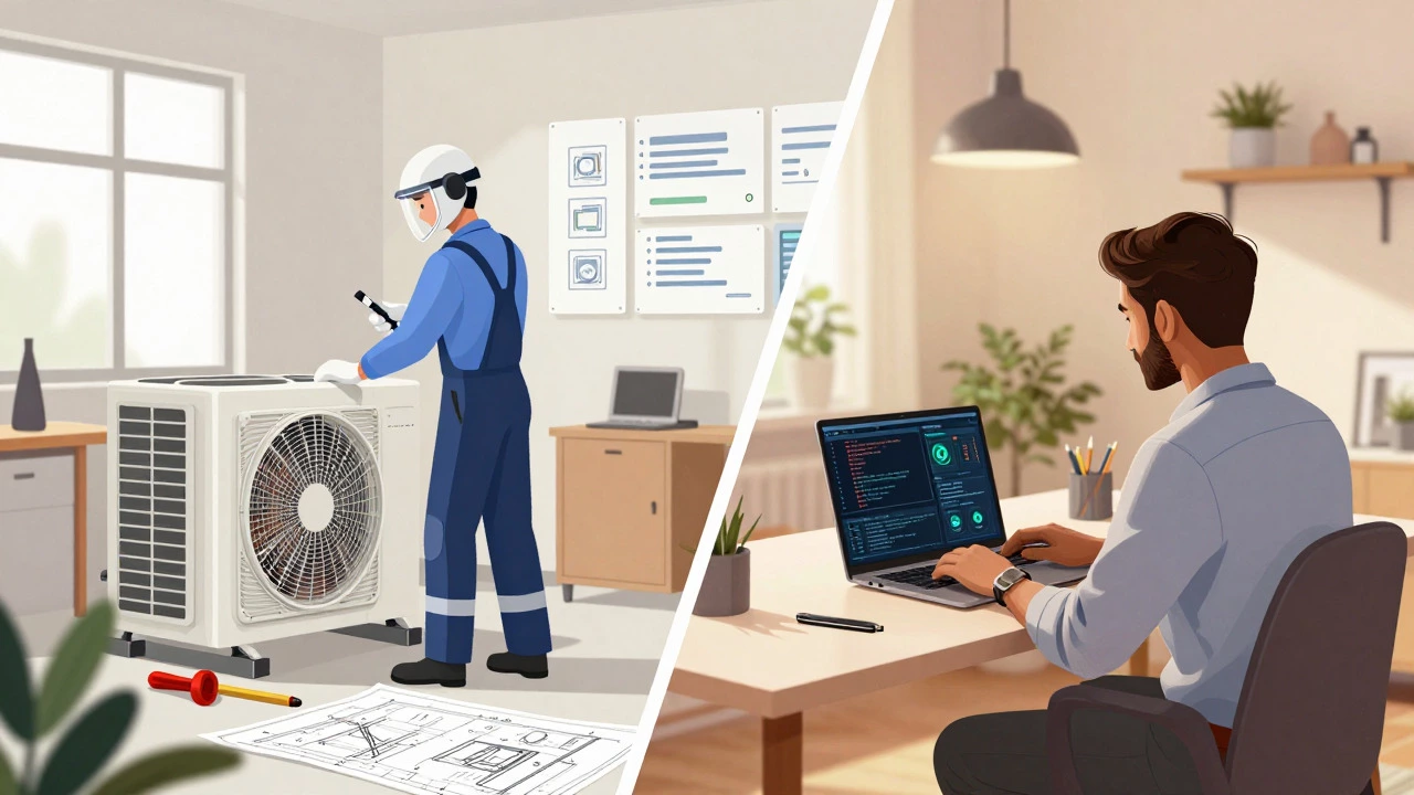 Split view of HVAC technician and IT professional working in India