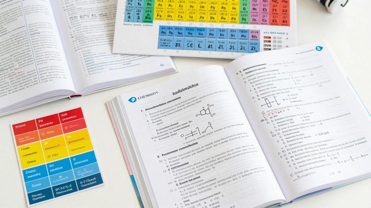 Study desk with NCERT books and flashcards for inorganic chemistry revision