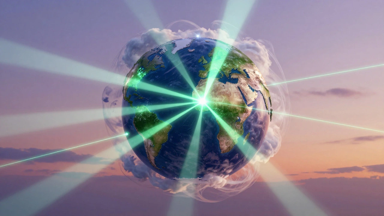Stylized globe with light beams illustrating global content delivery network routing
