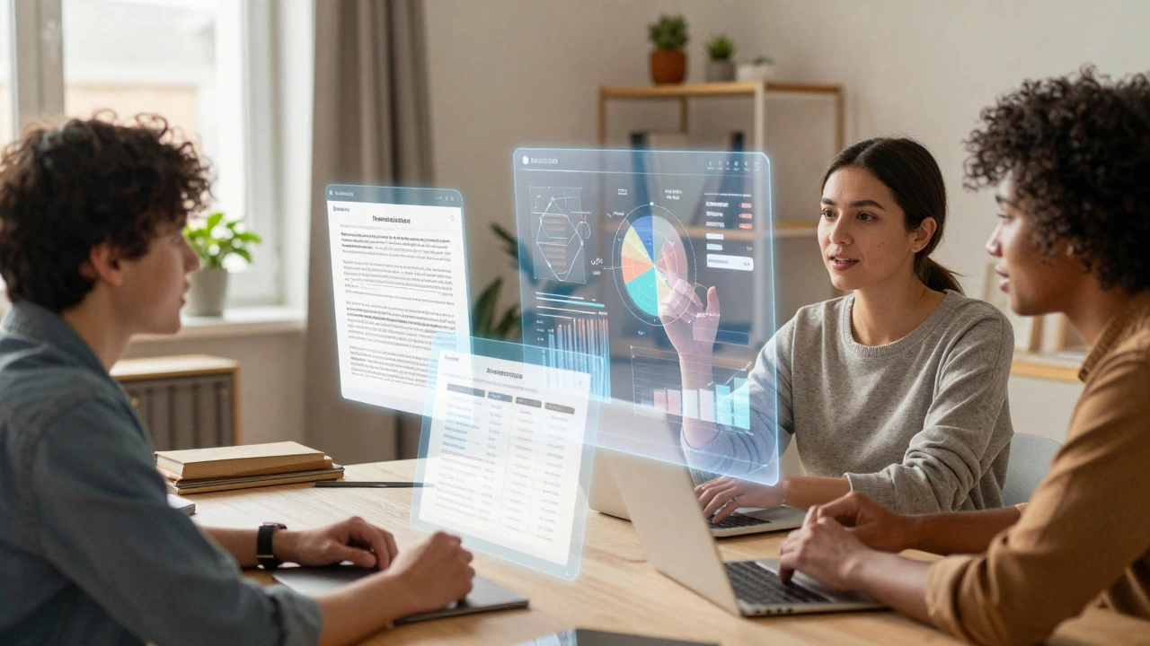 Three people discussing holographic project visuals in a home office setting