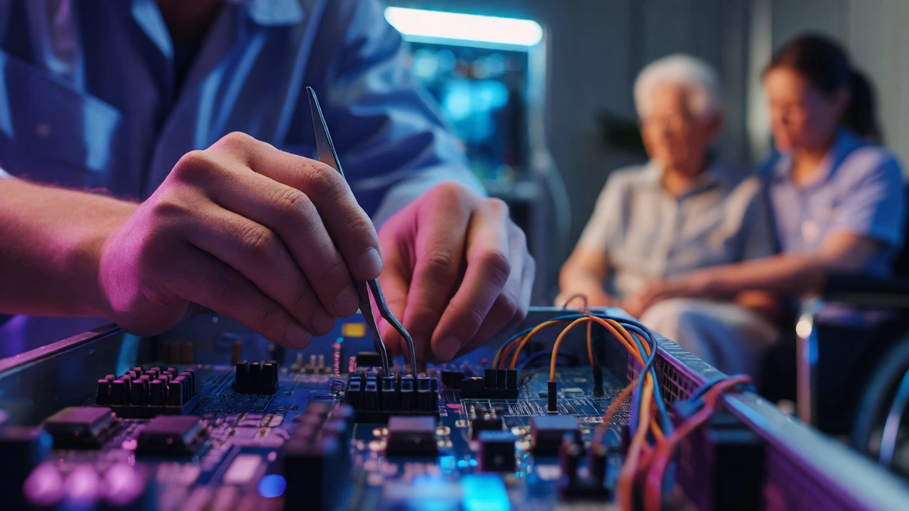 Close-up of hands repairing electronics with a blurred healthcare scene in the background.
