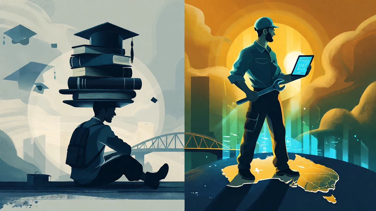 Conceptual art comparing traditional degree burdens with vibrant vocational career opportunities.