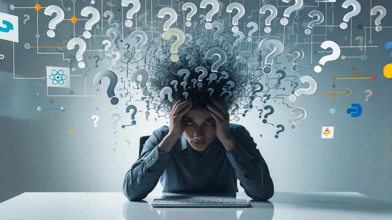 Conceptual image of mental fatigue with floating logic symbols around a tired coder