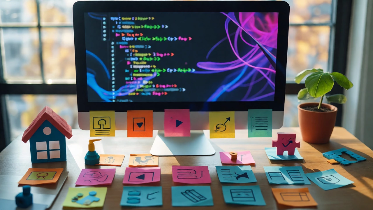 Developer workspace with abstract code and symbols of project-based learning