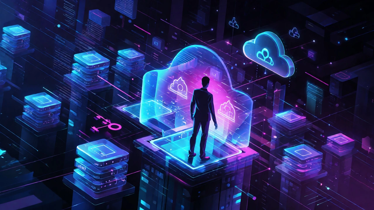 Futuristic visualization of cybersecurity and cloud computing concepts