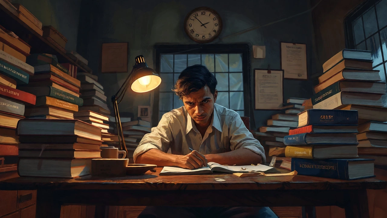 Indian UPSC aspirant studying amidst piles of books in a dim room