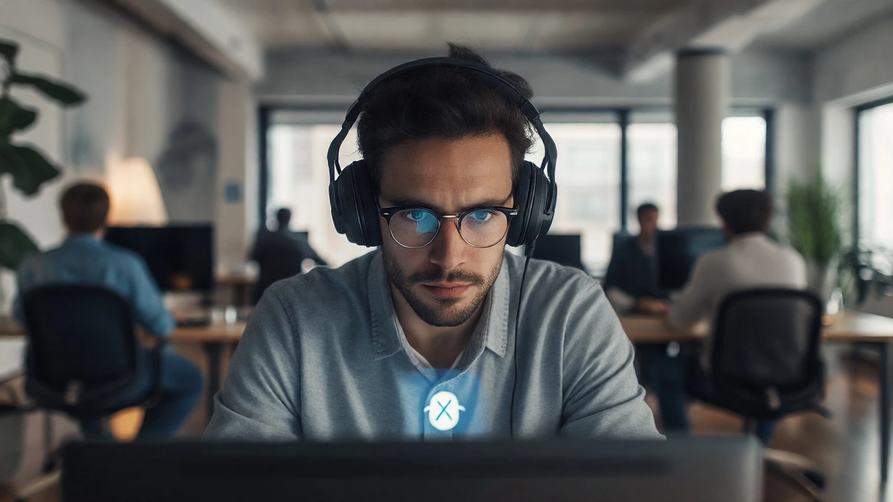 Isolated developer wearing headphones focused on screen in a quiet office