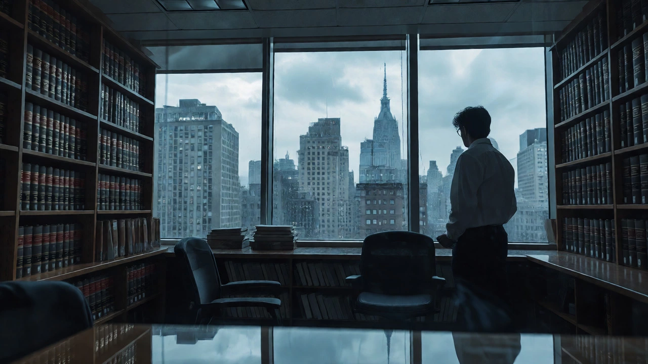 Lawyer looking out a rainy window in a NY library before the Bar Exam