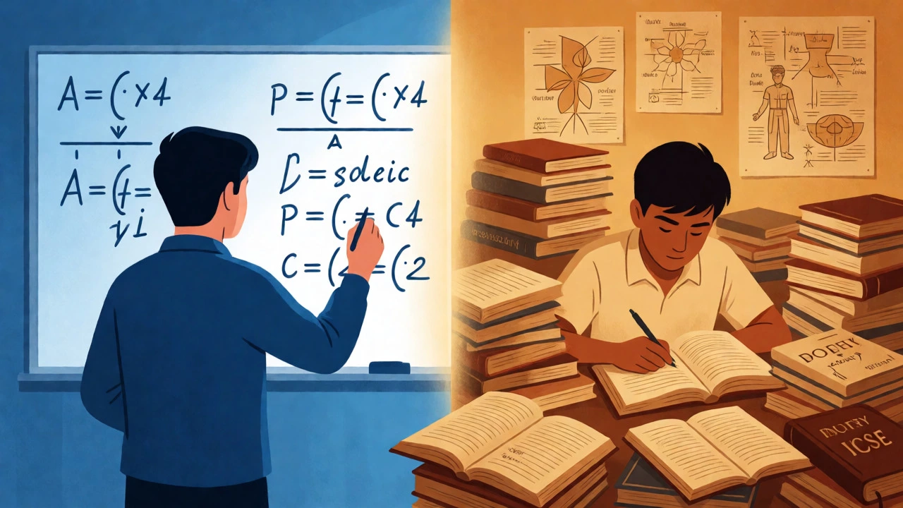 Split view contrasting structured math study with literary analysis