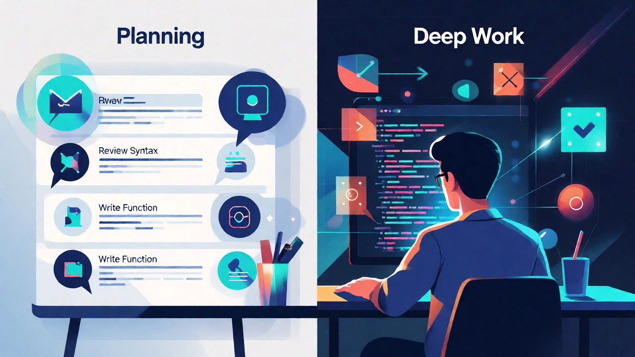 Split-view illustration of planning versus deep work in coding practice
