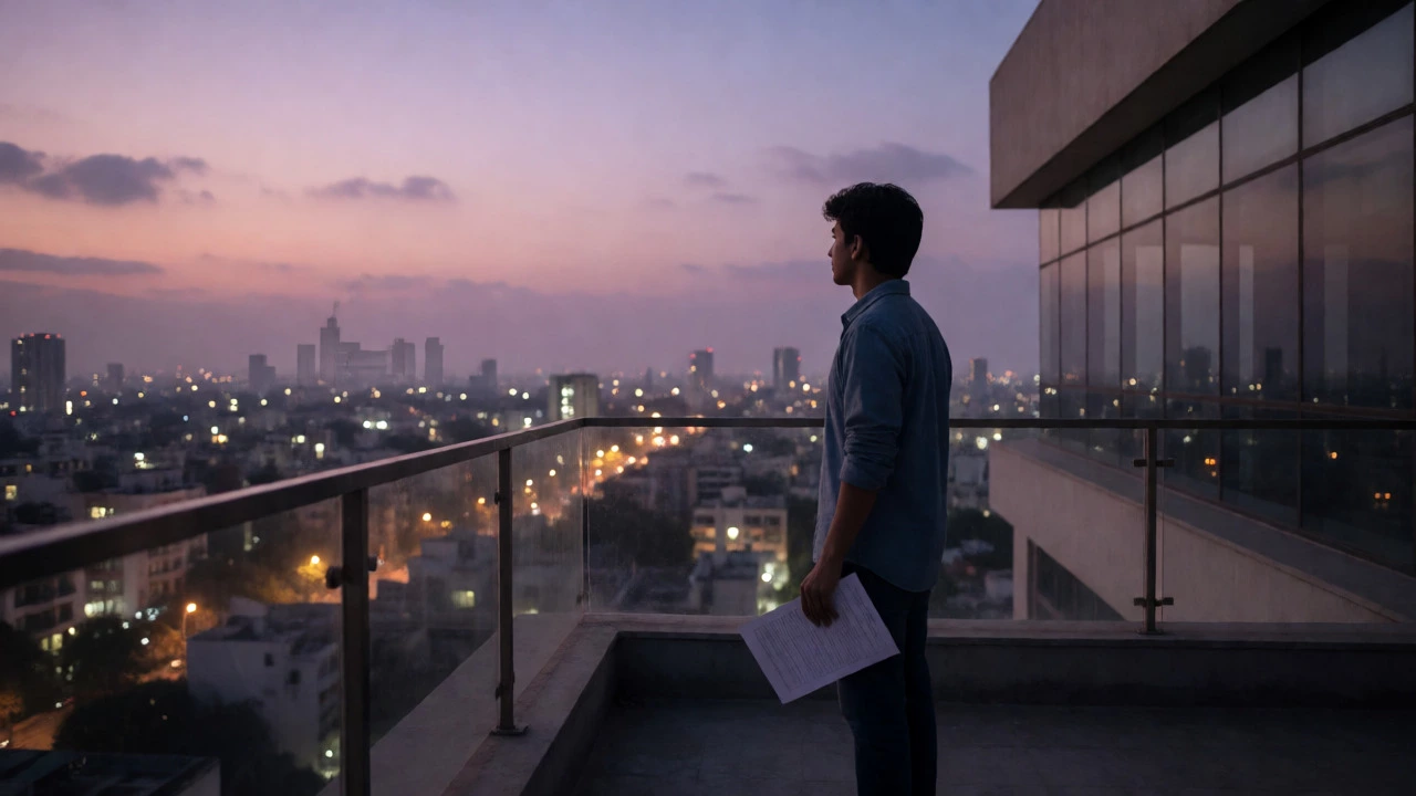 Student looking at city skyline holding exam papers