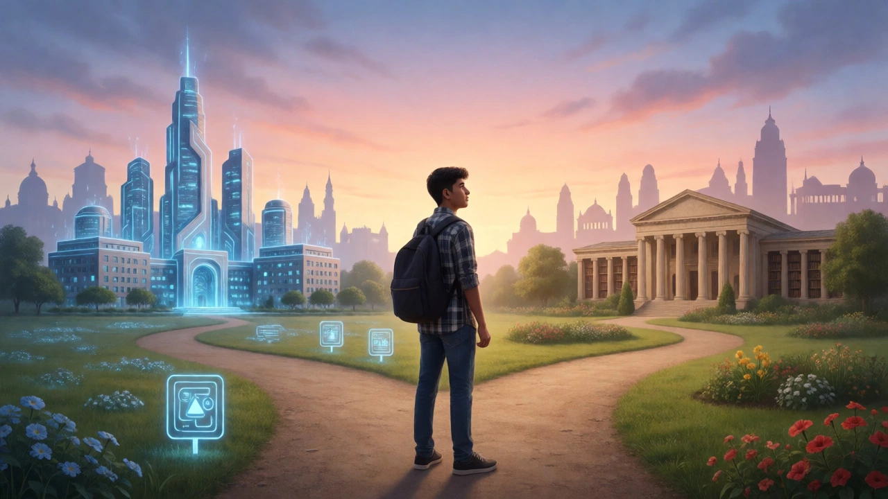 Teenager at crossroads choosing between tech and humanities paths