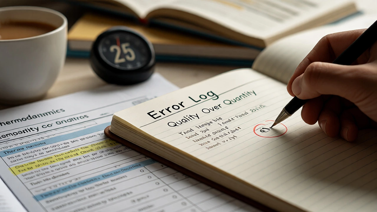 Close-up of student analyzing errors in a logbook during study session