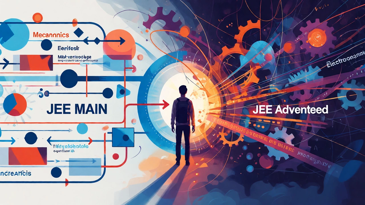 Conceptual art comparing simple JEE Main vs complex JEE Advanced problems.