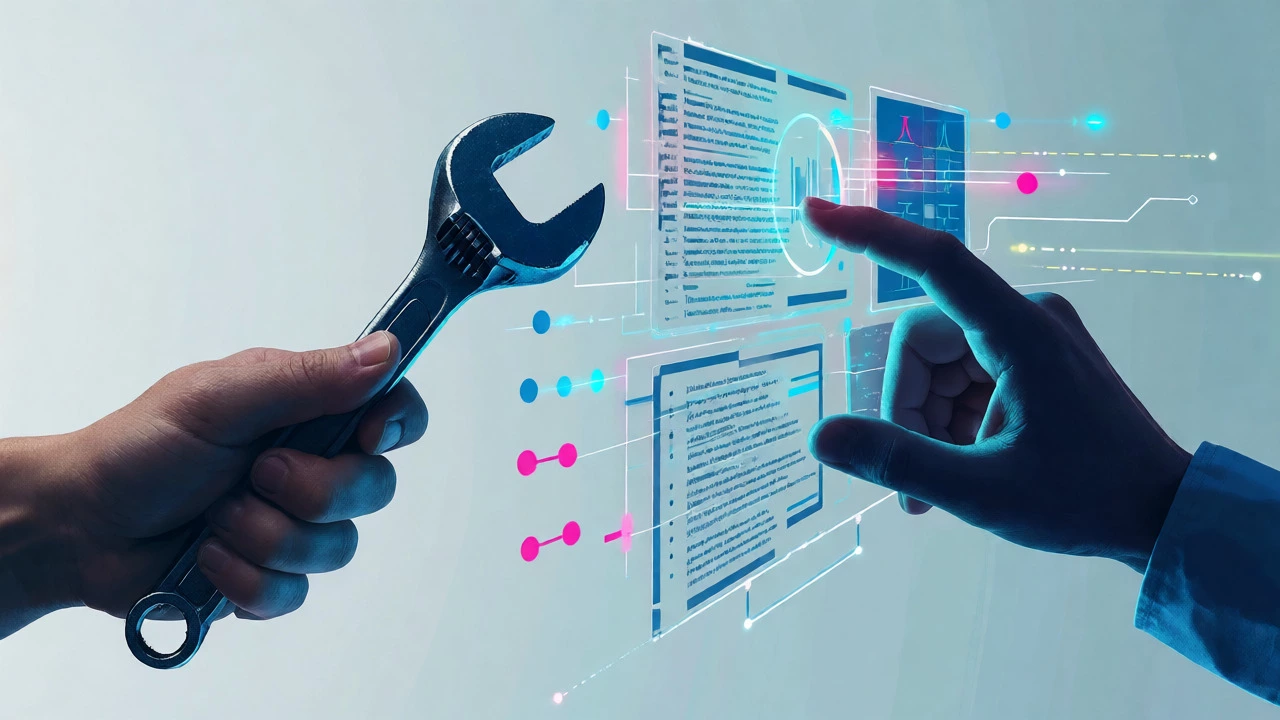 Digital art merging tools and tech interfaces symbolizing new trades