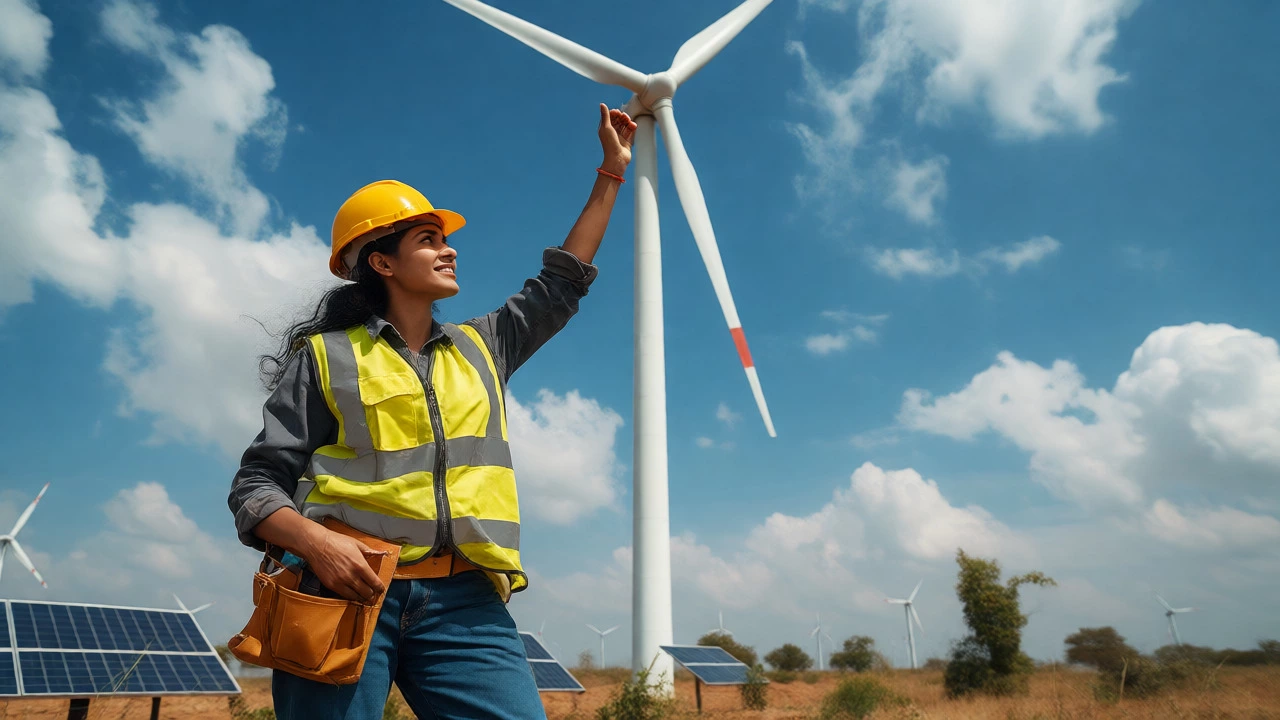 Female wind turbine technician standing confidently near a large turbine in rural India.