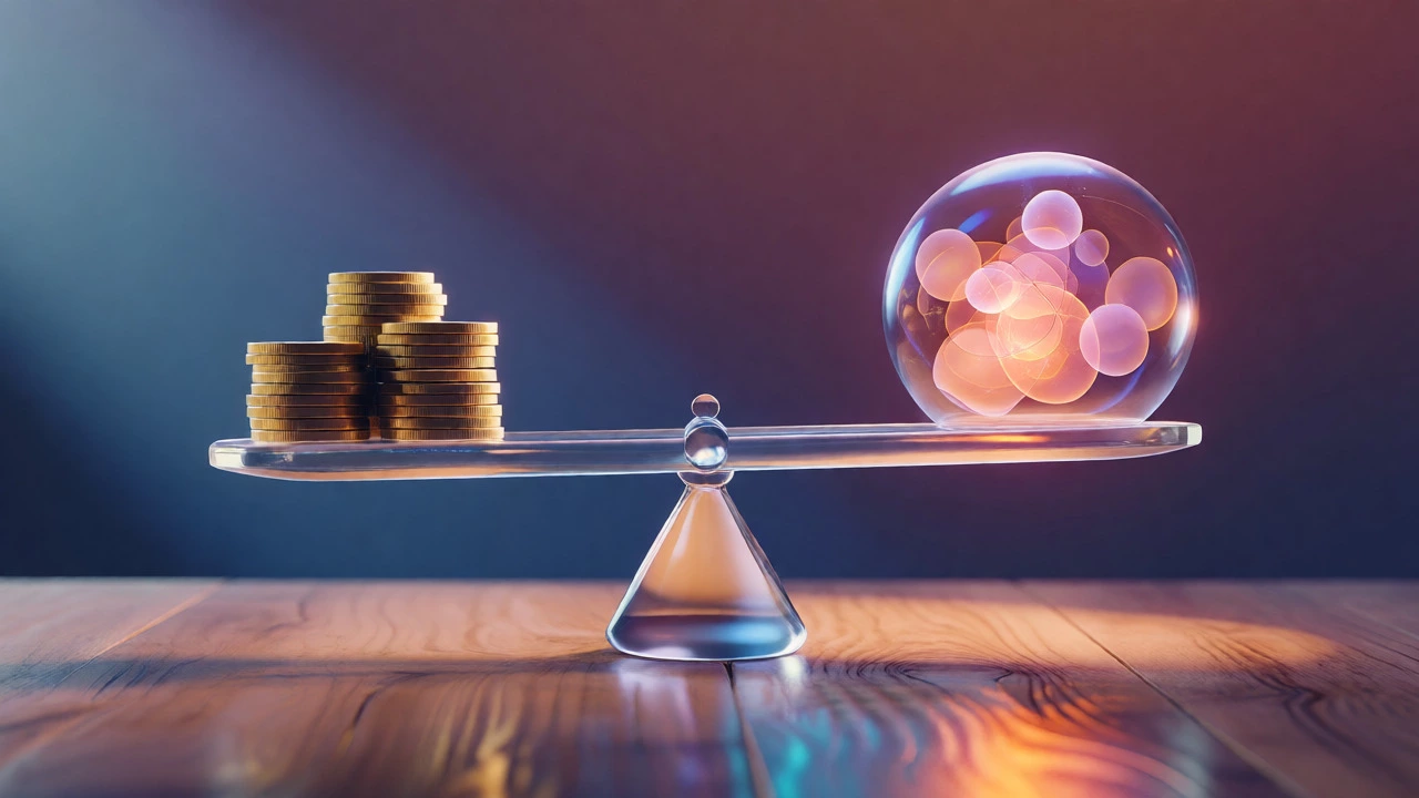 Glass scales balancing money against glowing abstract concepts