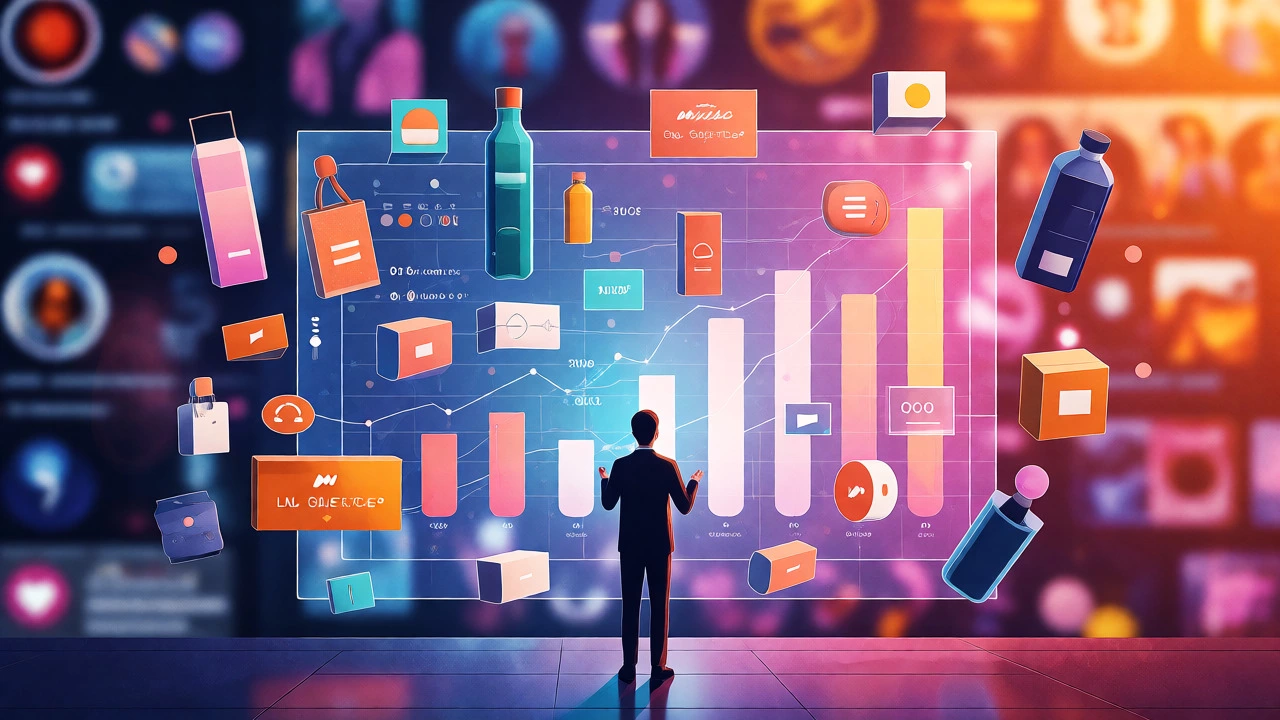 Marketer analyzing holographic data and consumer products in a digital interface.