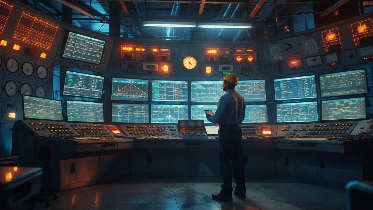 Power plant operator monitoring complex control systems in a high-tech facility.