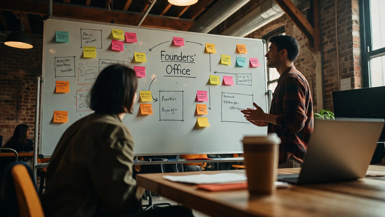 Two entrepreneurs collaborating on strategy with sticky notes in a startup office.
