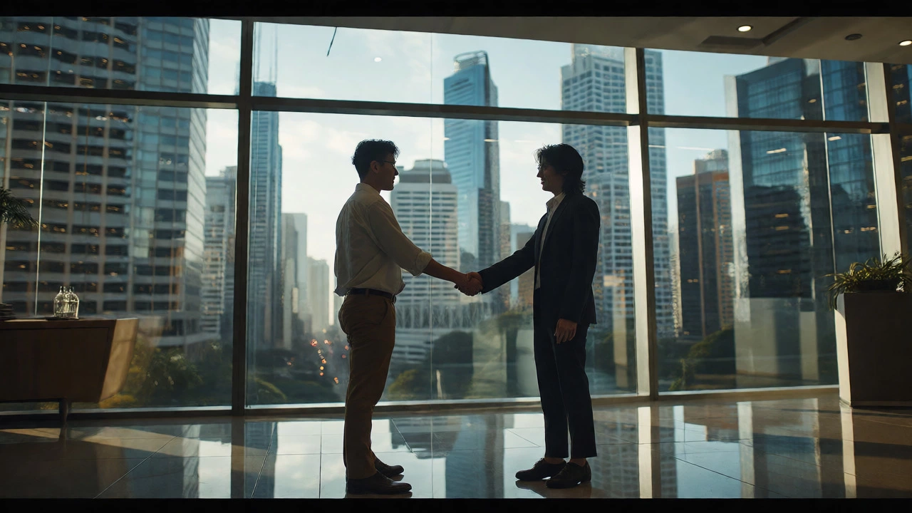 Two people shaking hands in a high-rise office lobby near a city view